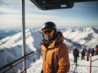 Skier wearing googles portrait on top of snowy mountain - obrazy, fototapety, plakaty