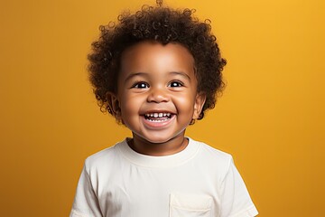 Portrait of cheerful little boy with curly hair in T-shirt smiling funny and carefree, showing front teeth, healthy happy child, positive emotions. indoor studio shot isolated on yellow background - obrazy, fototapety, plakaty