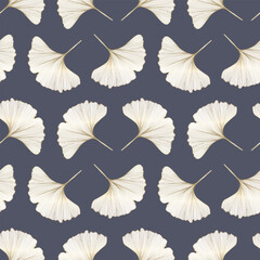 Seamless luxury pattern with golden leaves of ginkgo biloba on a gray-blue background. Vector pattern for children's and women's textiles, wallpaper designs, covers, backgrounds.
