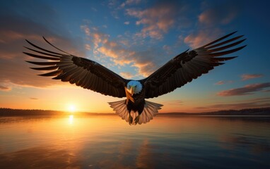 An eagle flies in an open blue sky and on the horizon the sun begins to set. Generative AI - Powered by Adobe