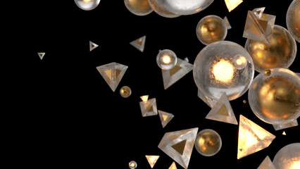 Abstract gold spheres and particles isolated on black background. 3d render illustration