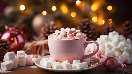 cup of hot chocolate with marshmallows, christmas mood - obrazy, fototapety, plakaty