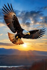 An eagle flies in an open blue sky and on the horizon the sun begins to set. Generative AI