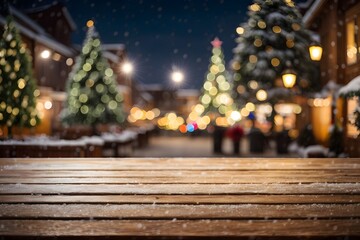 Empty wooden table top with blurred Christmas tree and snowfall with bokeh light background. Generative Ai.