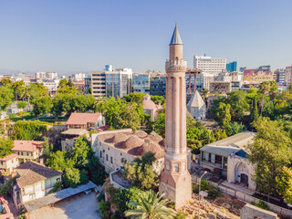 Sultan Alaaddin Camii Minaret. Antalya Turkey. Drone view - obrazy, fototapety, plakaty
