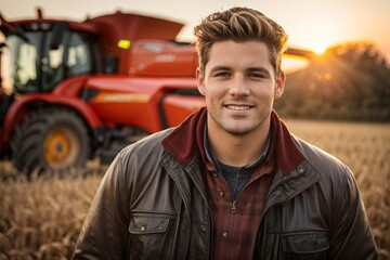 Portrait of an experienced attractive young farmer posing in a field in front of a tractor or combine harvester during a late autumn sunset with sunflares in the background. Generative Ai. - obrazy, fototapety, plakaty