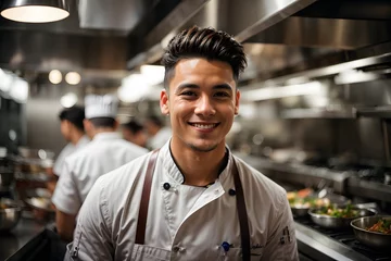 Keuken spatwand met foto attractive young chef of luxury international restaurant preparing popular food. Generative Ai. © kapros76