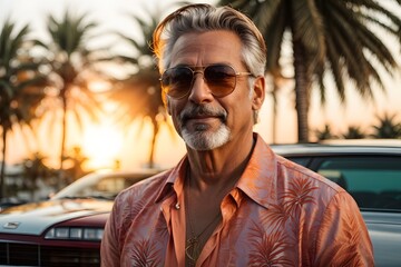 Fashion portrait of beautiful adult mid age man, Attracive man wearing sunglasses in summer. Image created using artificial intelligence.