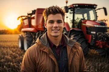 Portrait of an experienced attractive young farmer posing in a field in front of a tractor or combine harvester during a late autumn sunset with sunflares in the background. Generative Ai.