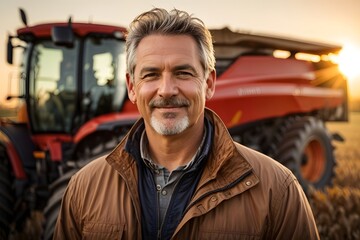 Portrait of an experienced attractive middle-aged farmer posing in a field in front of a tractor or combine harvester. Generative Ai. - obrazy, fototapety, plakaty