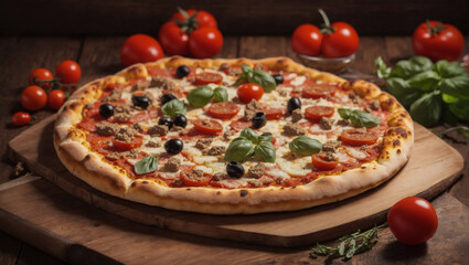 Pizza italiana con pomodoro, mozzarella, pomodorini freschi, tonno e basilico appena uscita dal forno