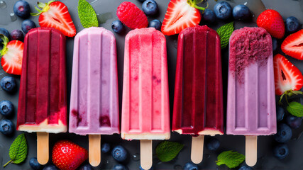 Obraz premium Strawberry and blueberry ice cream popsicles with fresh berries