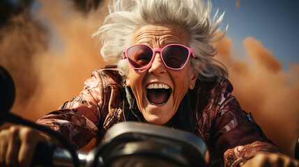 Elderly funny crazy woman in the modern motorcycle rally joyful and crazy expressive