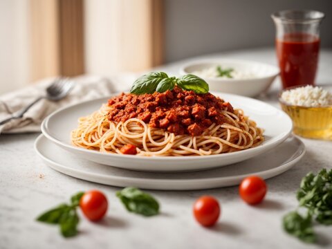 pasta with tomato sauce, mozzarella cheese, and fresh basil on a plate on a white wooden background.