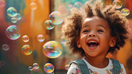 An African American child blowing bubbles and laughing with joy against a colorful background - obrazy, fototapety, plakaty