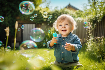 Beautiful little child toddler boy having fun with blowing soap bubble blower.