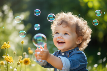 Beautiful little child toddler boy having fun with blowing soap bubble blower.