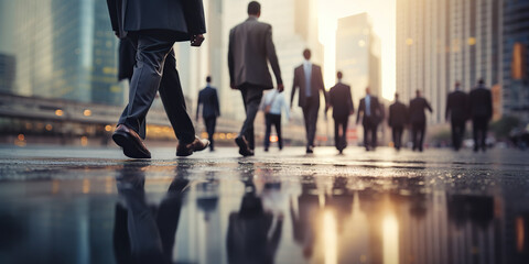 Closeup of group of business persons legs walking on a lope with blurred city building background - obrazy, fototapety, plakaty