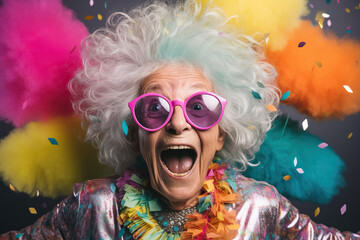Crazy senior woman having fun doing party during holidays time - obrazy, fototapety, plakaty