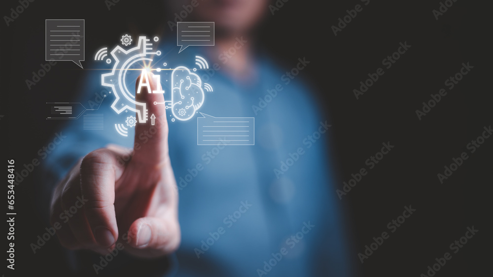 Poster ai tech, businessman show virtual graphic global internet connect chatbot chat with artificial intel