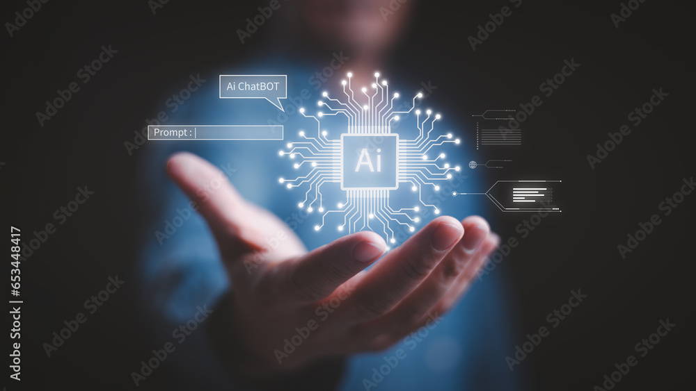 Poster ai tech, businessman show virtual graphic global internet connect chatbot chat with artificial intel
