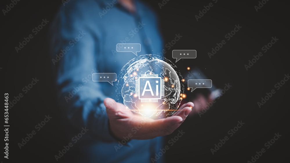 Poster ai tech, businessman show virtual graphic global internet connect chatbot chat with artificial intel