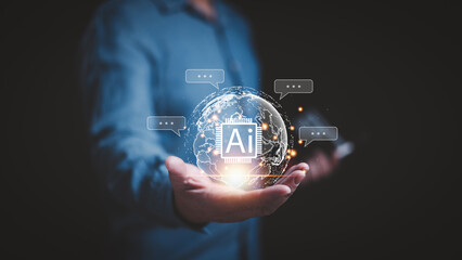 Ai tech, businessman show virtual graphic Global Internet connect Chatbot Chat with Artificial...