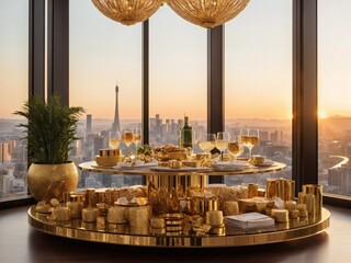 luxurious penthouse with panoramic windows overlooking a city skyline at sunset