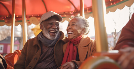 Cute mature black couple enjoy life, carousel on the background of lights	
