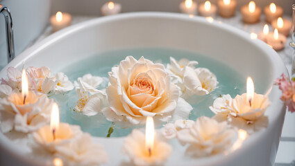Candles and roses on the background of the bathroom