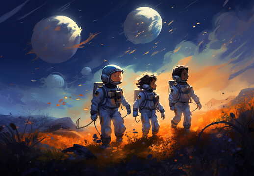 Cartoon astronaut space explorer. sketch art