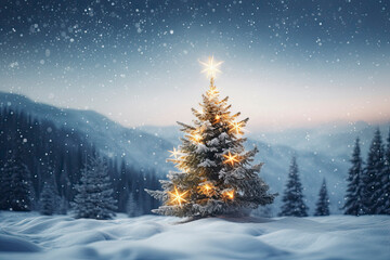 Image generated with AI. Christmas fir tree in snowy winter landscape - obrazy, fototapety, plakaty