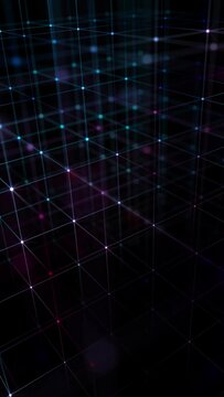 Vertical video - glowing neon colored cubic grid of digital data nodes and flashing information streams. Full HD and looping computer network data connections technology background.