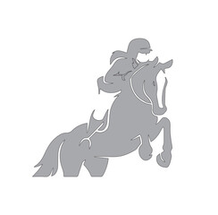 A Girl Jockey Riding A Horse Jumping over the Barrier Simple Flat Design. Jockey on horse. Champion. Horse riding. Equestrian sport.Jockey riding jumping horse. Poster. Sport background. Isolated. 
