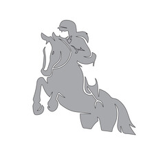 A Girl Jockey Riding A Horse Jumping over the Barrier Simple Flat Design. Jockey on horse. Champion. Horse riding. Equestrian sport.Jockey riding jumping horse. Poster. Sport background. Isolated. 