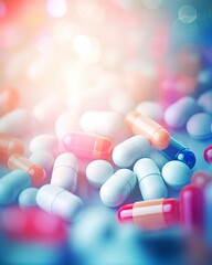 Blurred out close up of medication pills background with lots of bokeh and a bright center spotlight and a subtle vignette border. - 653449895