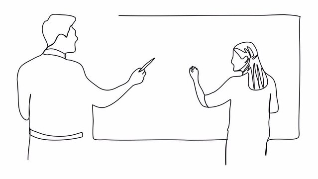 Woman in a business suit with a pointer in her hands stands near the blackboard. One line drawing animation.