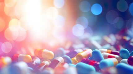 Blurred out close up of medication pills background with lots of bokeh and a bright center spotlight and a subtle vignette border. - obrazy, fototapety, plakaty