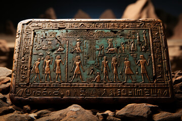 A weathered stone tablet inscribed with ancient hieroglyphics, providing a glimpse into the...