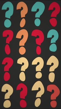 Vertical video - funky retro styled background with a morphing pattern of colorful question marks. This punctuation mark motion background animation is HD and a seamless loop.