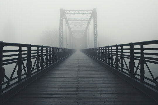 Old wooden bridge in fog