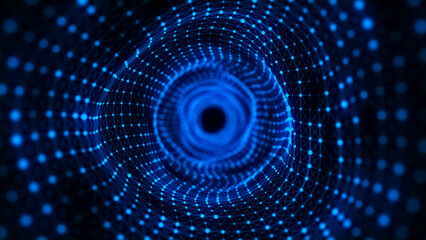 Abstract circle speed tunnel with blue light on black background. Science background with dots and lines moving in a spiral. Wormhole technology. Digital structure with particles. 3d rendering.