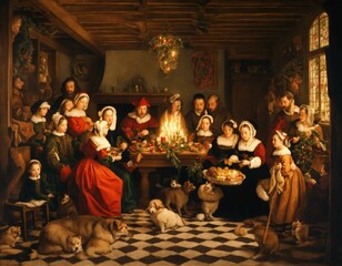 Historical 16th-century family gathered for Christmas, sharing warmth and tradition by candlelight