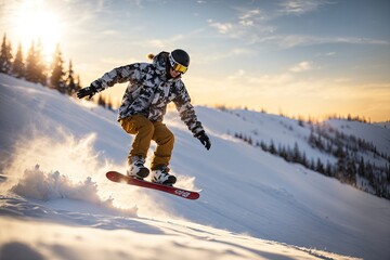 A snowboarder jump a snowy slope in winter. ai generative
