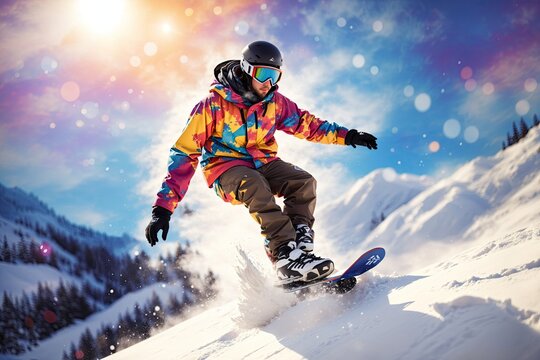A snowboarder jump a snowy slope in winter. ai generative