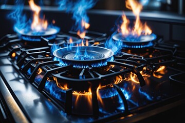closeup Blue flames dance on gas stove. ai generative