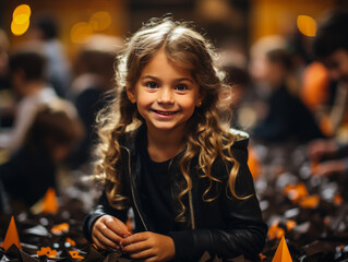 Halloween School Party with Kid in Creative Costume, 8k AI-generated.