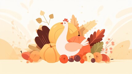 Vector illustration of a happy turkey enjoying a Thanksgiving harvest, featuring the bird surrounded by bountiful fruits and vegetables - obrazy, fototapety, plakaty