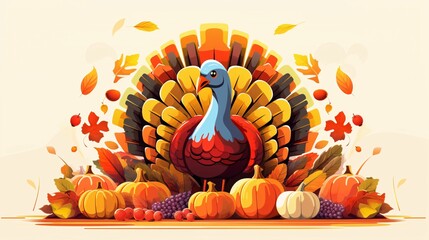 Vector illustration of a happy turkey enjoying a Thanksgiving harvest, featuring the bird surrounded by bountiful fruits and vegetables