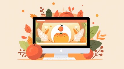 Vector illustration of a happy turkey enjoying a Thanksgiving harvest, featuring the bird surrounded by bountiful fruits and vegetables
